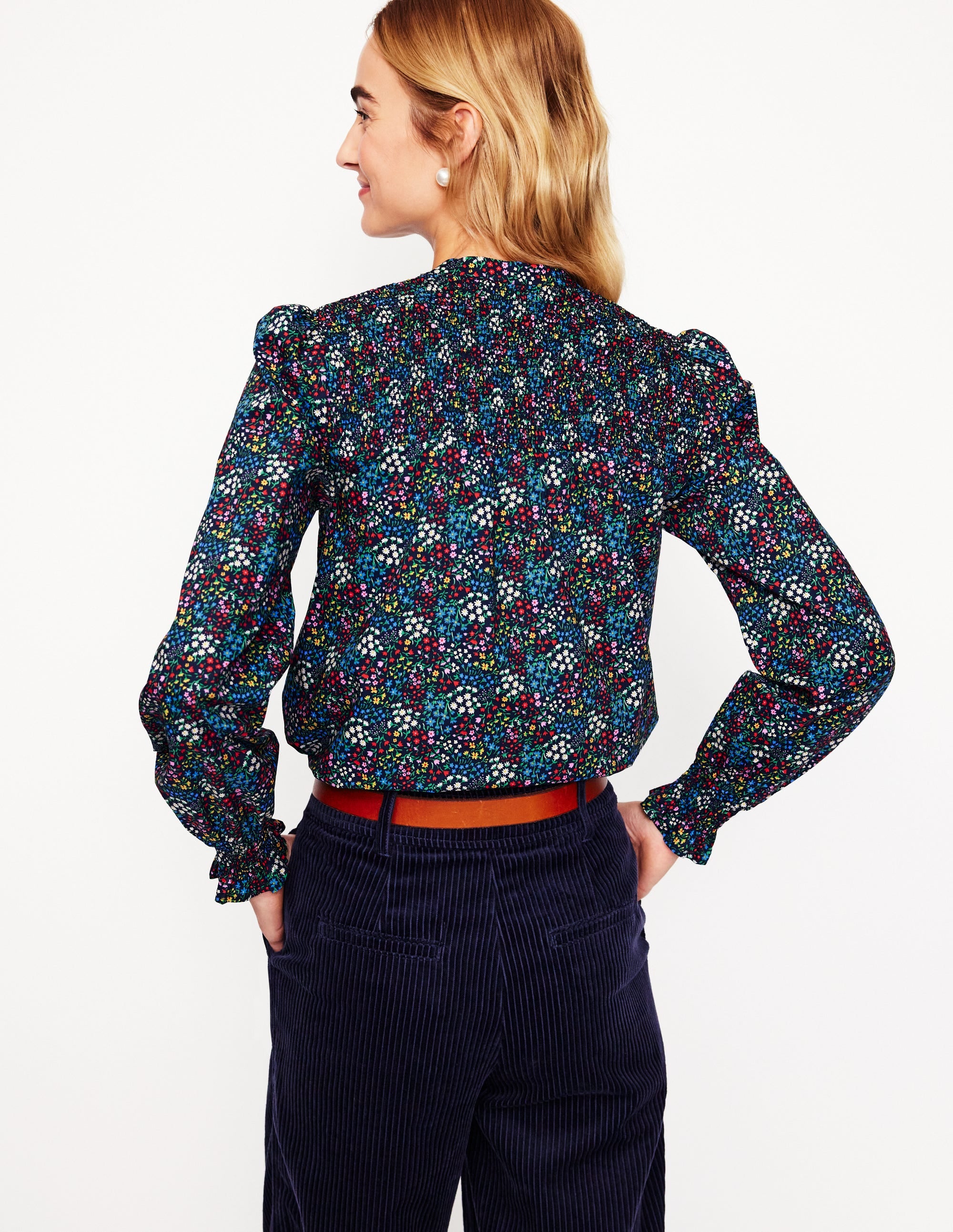  Smocked Yoke Cotton Blouse-French Navy, Bud Scatter、mySite、ashleygrahame