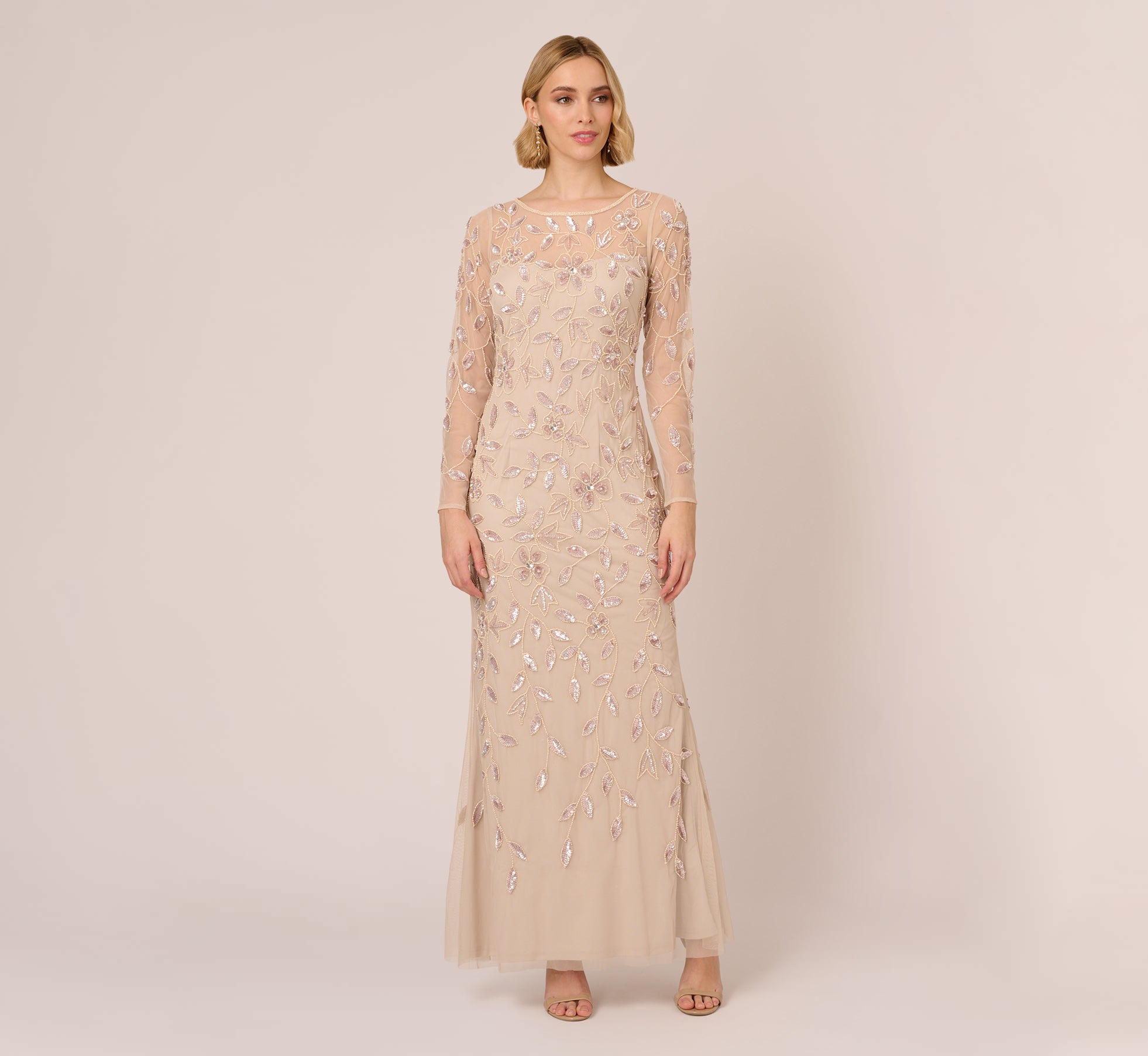 Illusion Floral Beaded Gown With Sheer Long Sleeves In Latte、mySite、solidvoid