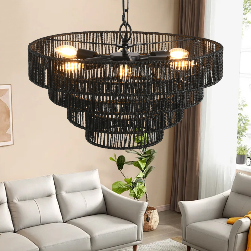(Same as W1340P155977/L1019-5) 24" Modern 5-Layer Woven Hemp Rope Chandelier, Boho Style Pendant Light, Elegant Hanging Light Fixture for Living Room, Dining Room, Bedroom (No Bulbs)、、eastwooduniform