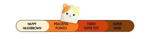 A Spudsters calico cat plush by Aurora that is placed at peaceful potato on the spud-o-meter