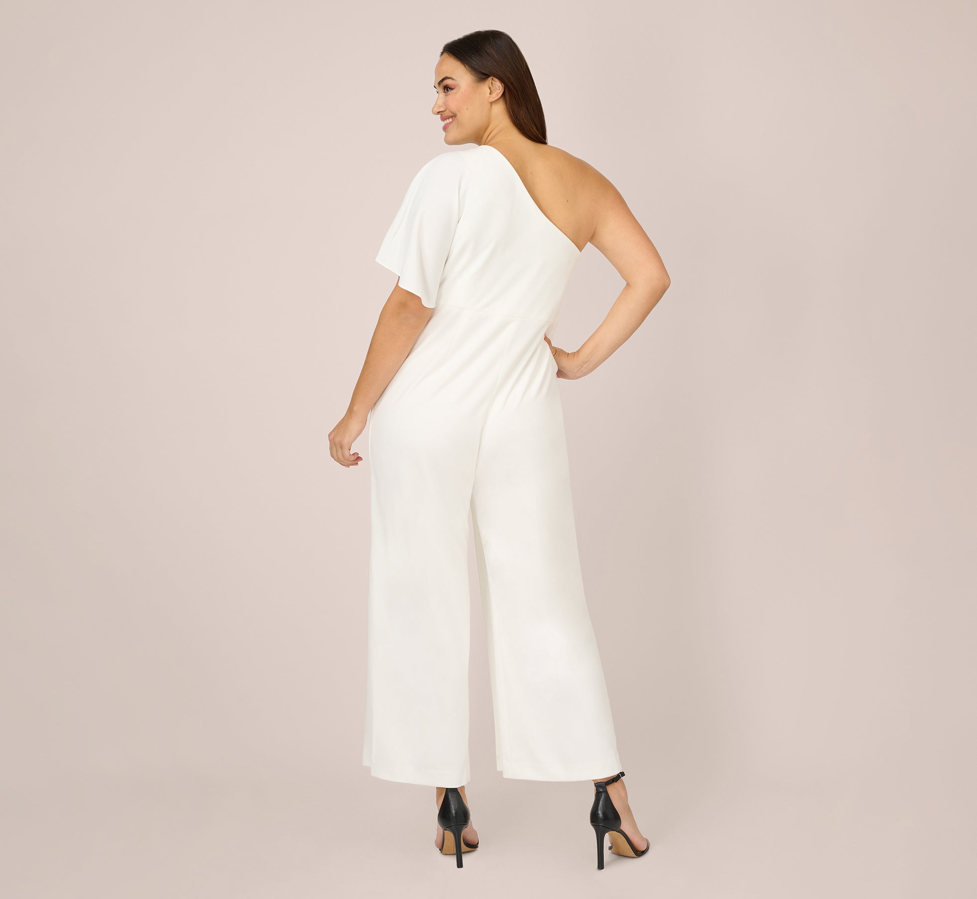 Plus Size Flutter One Shoulder Jumpsuit In Ivory、mySite、solidvoid