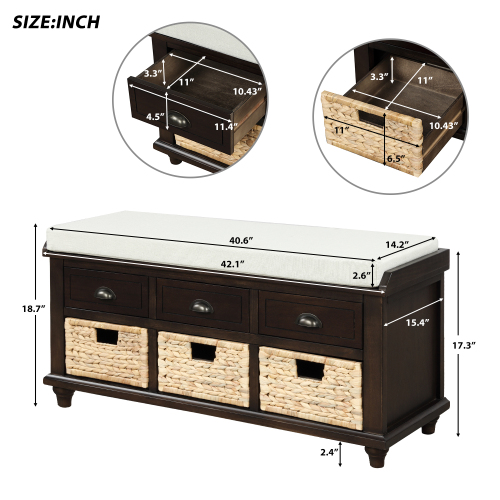 TREXM Rustic Storage Bench with 3 Drawers and 3 Rattan Baskets, Shoe Bench for Living Room, Entryway (White Washed)、、casual