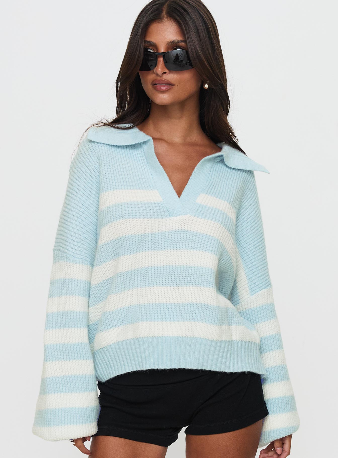 Carolena Long Sleeve Collared Knit Sweater Blue / White Stripe、mySite、solidvoid