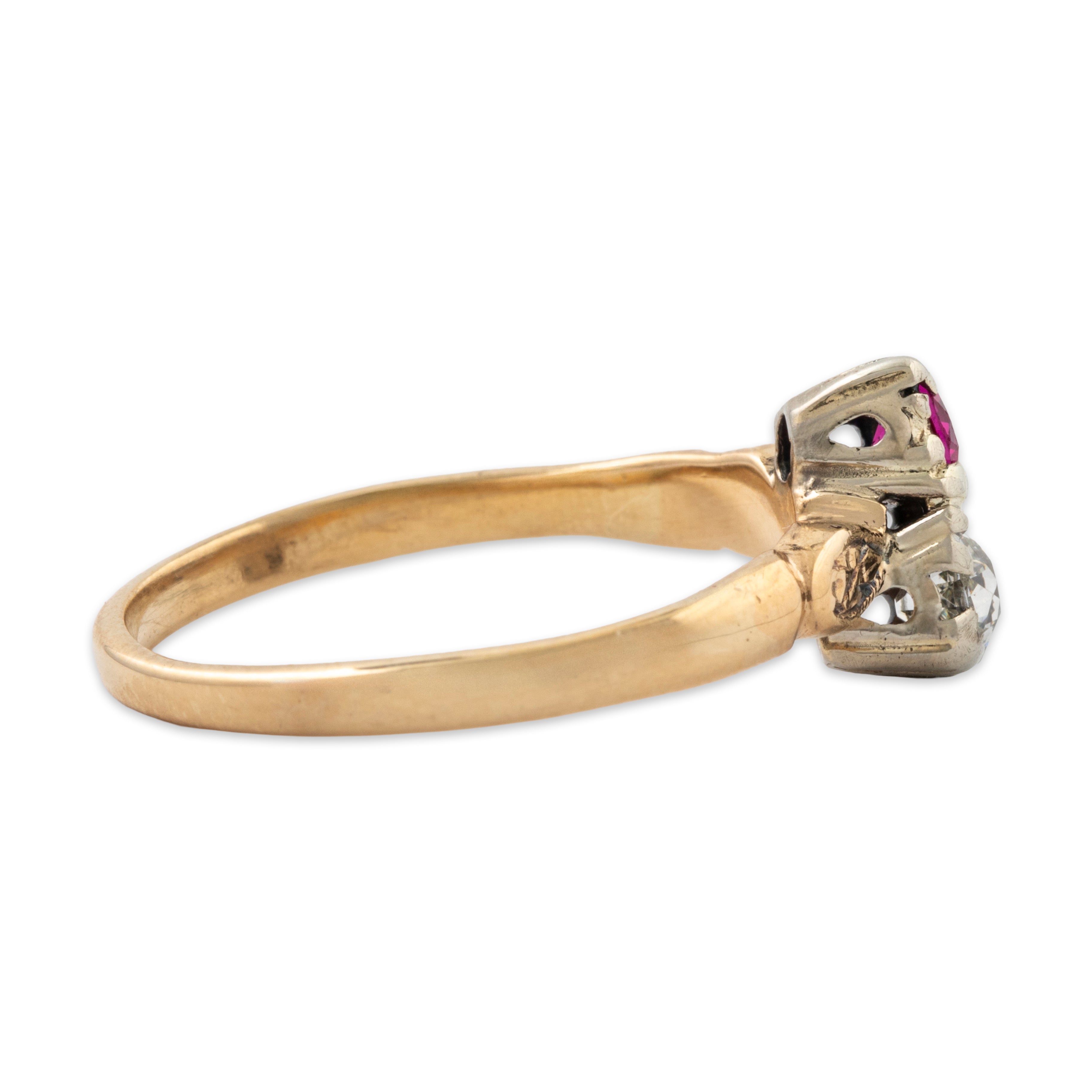 Antique Victorian 14k Yellow Gold .21ct Natural Diamond Synthetic Ruby Duo Ring、mySite、hinf8tx79