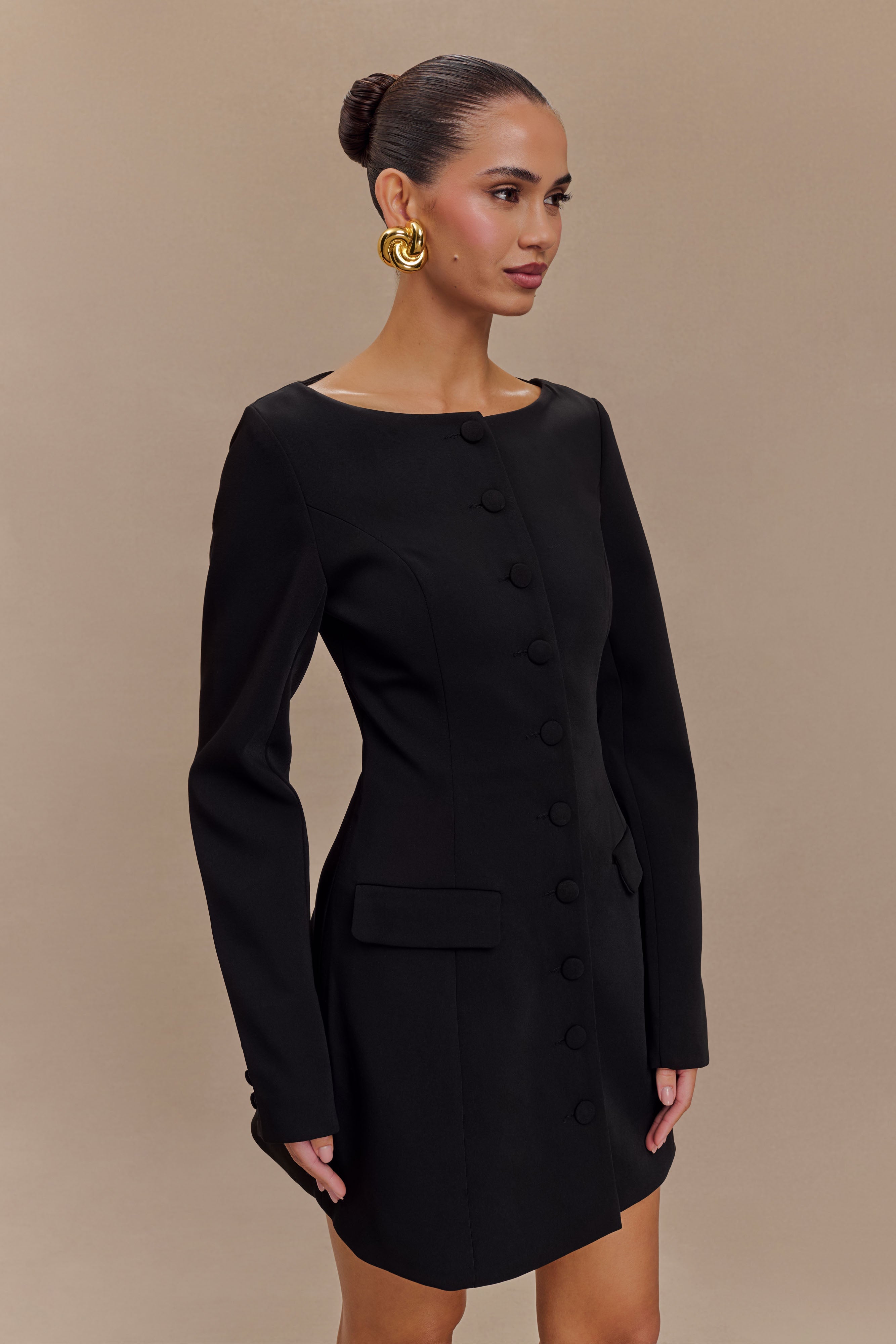 Jolie Boat Neck Suiting Mini Dress - Black、mySite、solidvoid