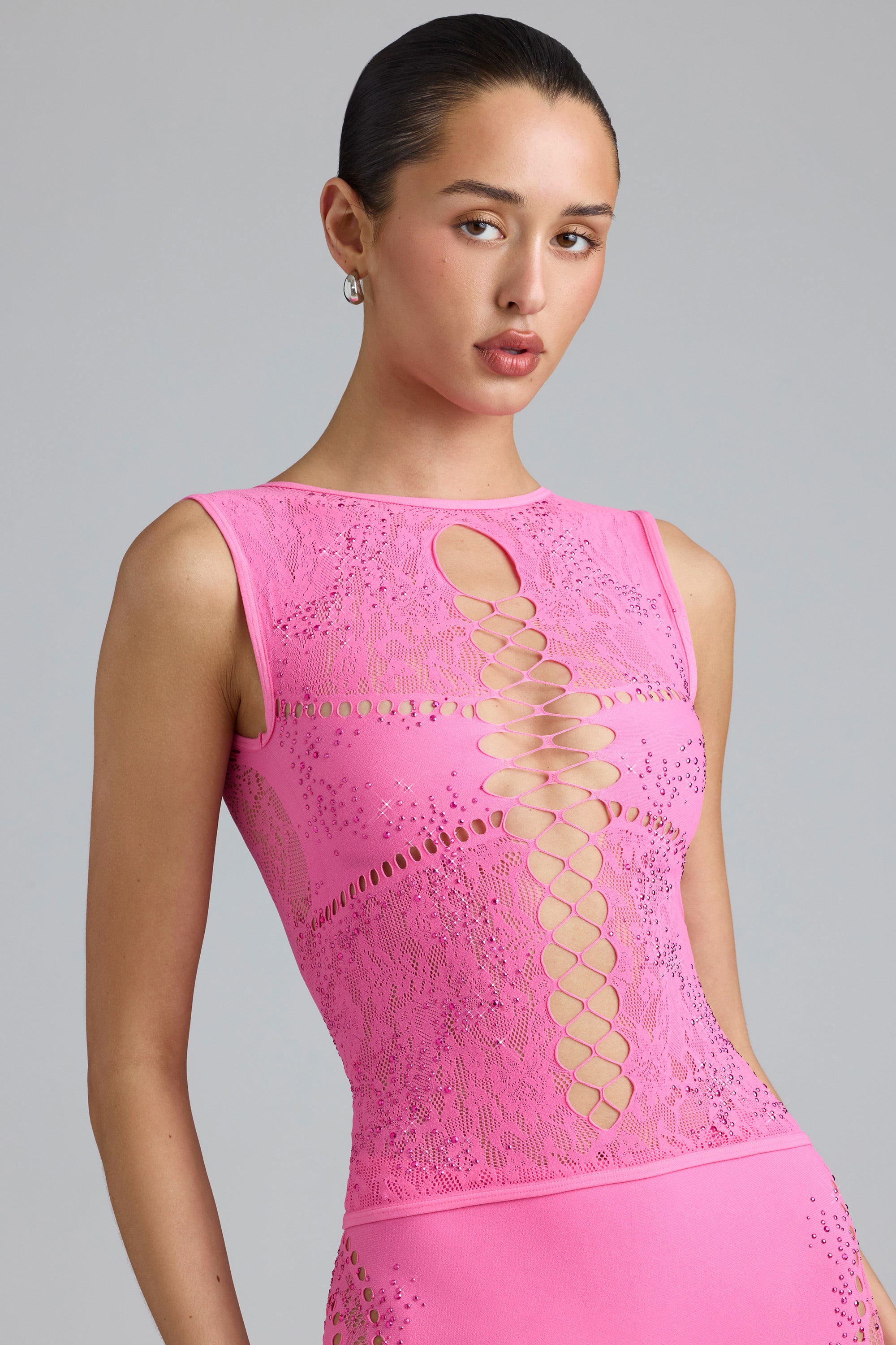 Embellished Lace-Up High-Neck Top in Bubblegum Pink、mySite、solidvoid