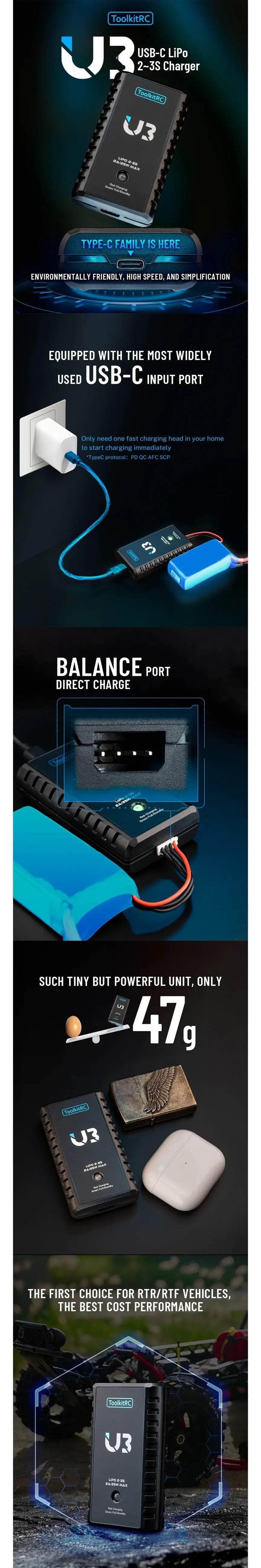 ToolkitRC U3 25W 2-3S USB-C Balance LiPo Charger