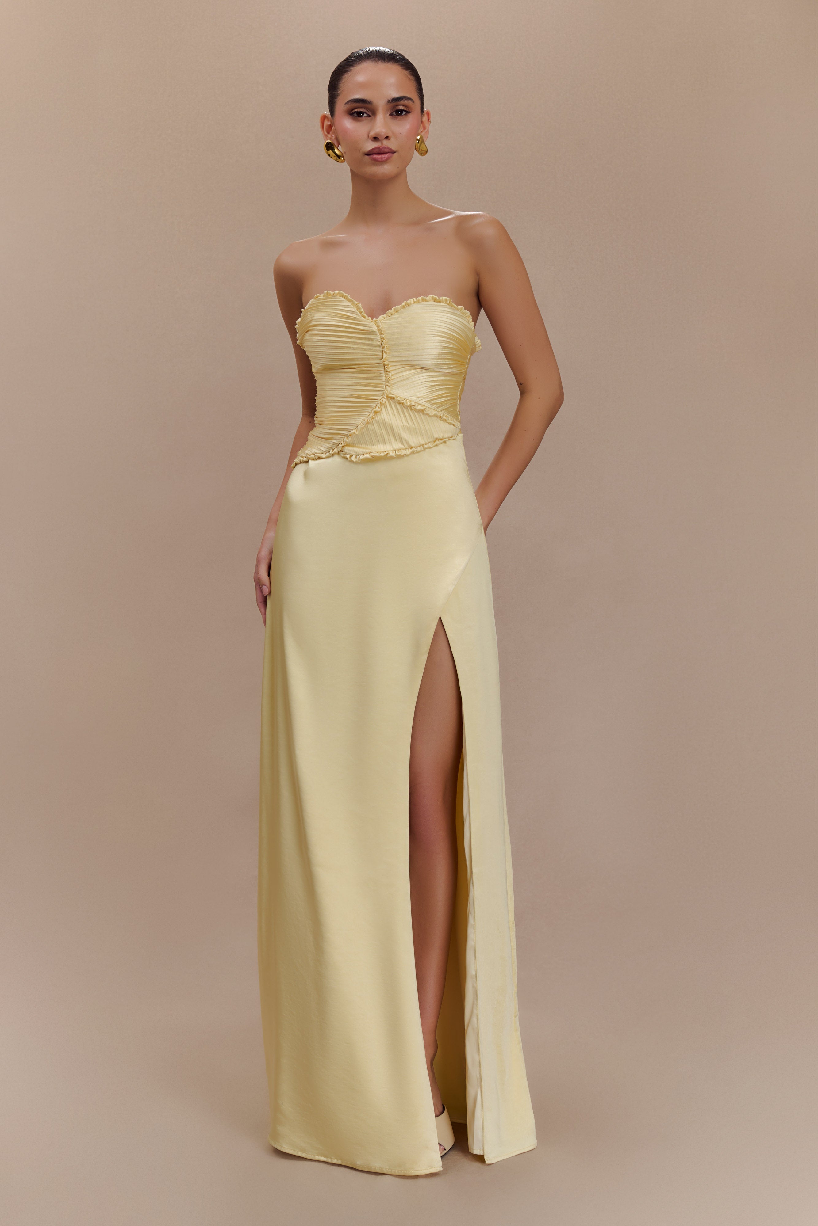 Larissa Satin Maxi Dress With Ruched Petals - Lemon、mySite、solidvoid