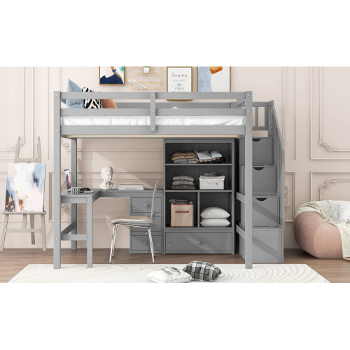 Twin Size Loft Bed with L-Shaped Desk and Drawers, Cabinet and Storage Staircase, White、、casual