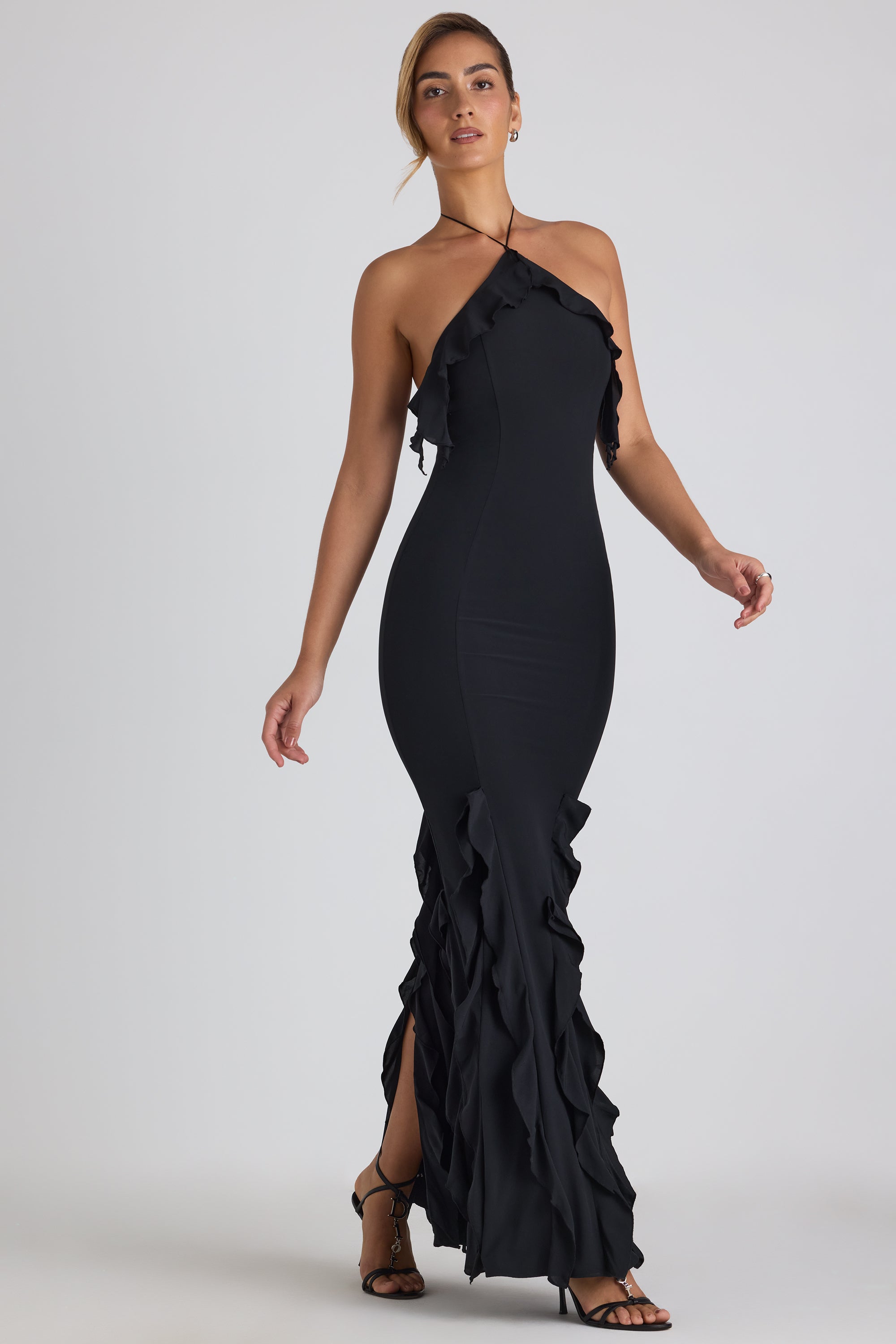 Ruffle-Trim Halterneck Gown in Black、mySite、solidvoid