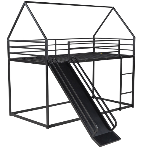 Twin over Twin House Bunk Bed with Ladder and Slide,Black、、casual