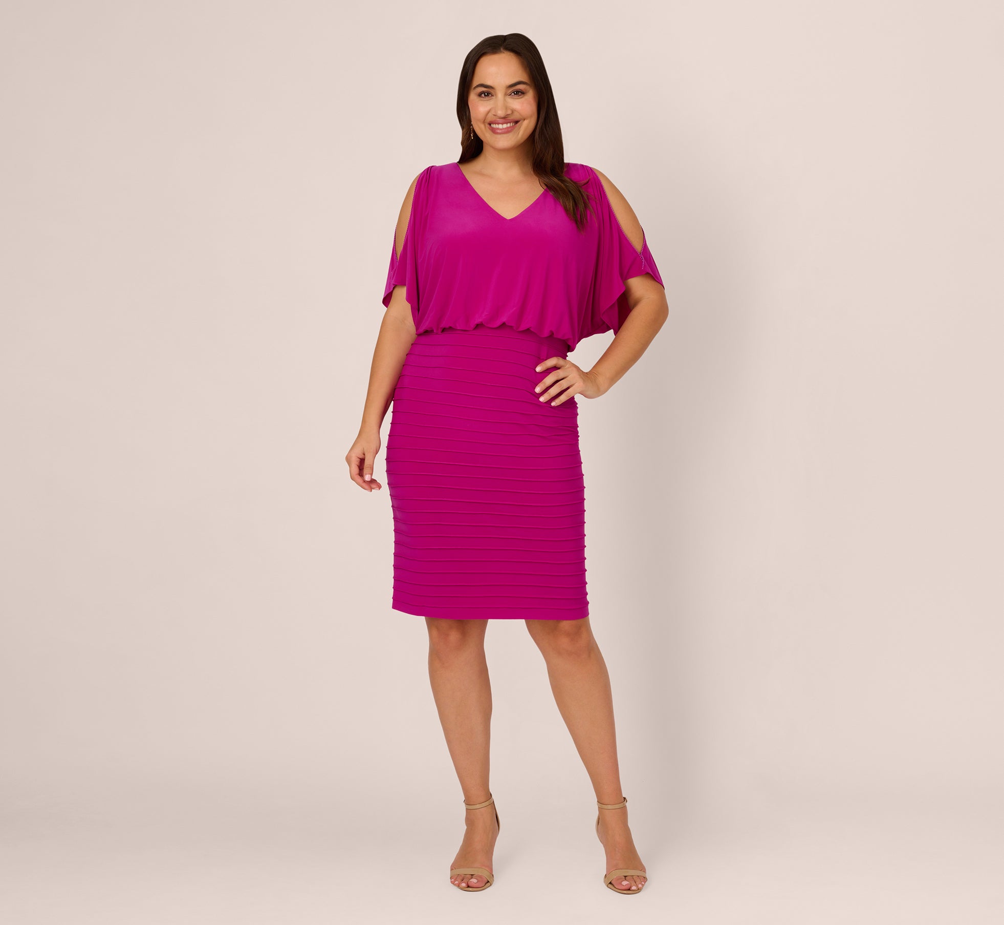 Plus Size Blouson Pintucked Dress With Cold Shoulder Sleeves In Hot Magenta、mySite、solidvoid