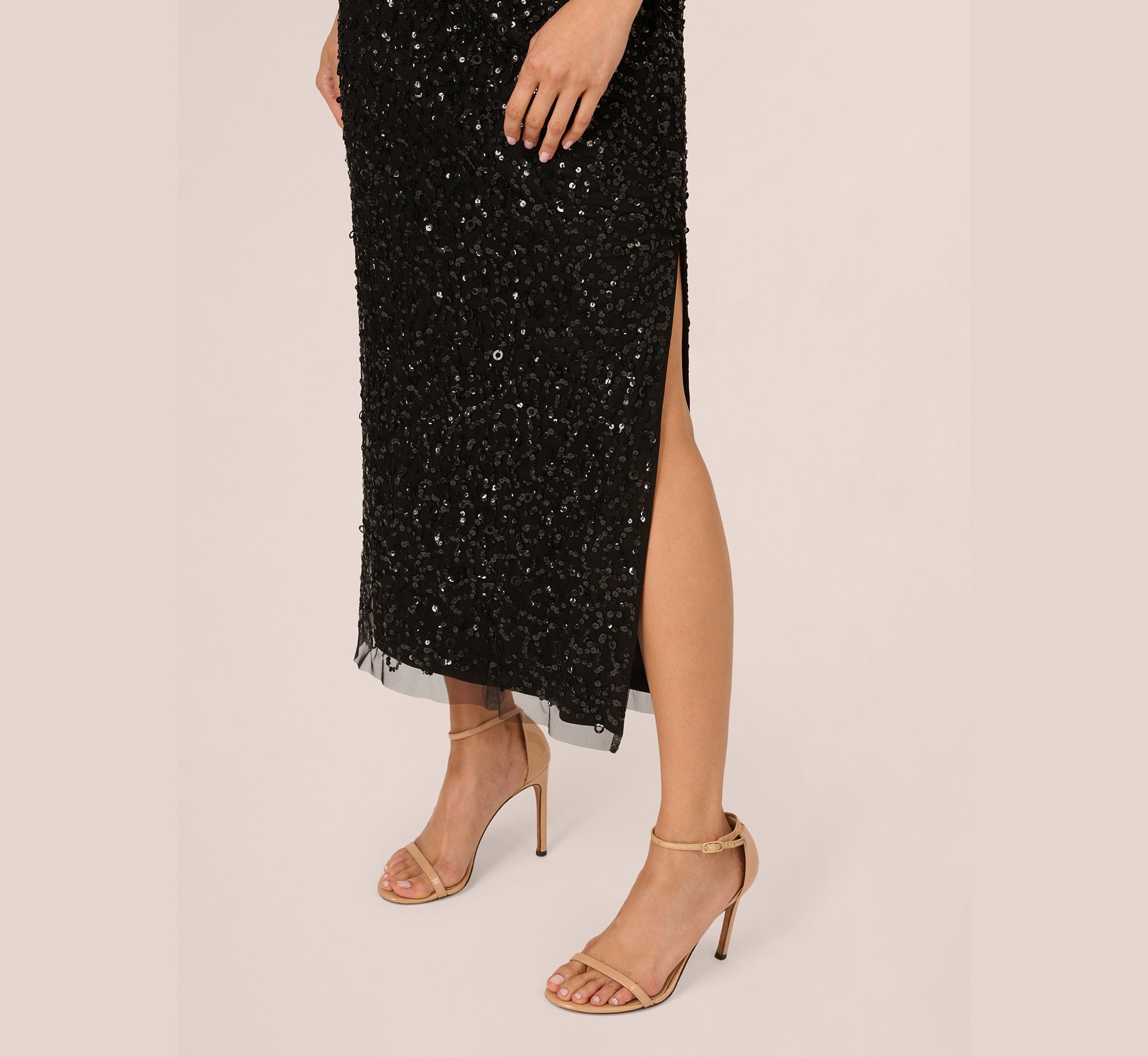 One Shoulder Sequin Beaded Ankle Length Dress In Black、mySite、solidvoid