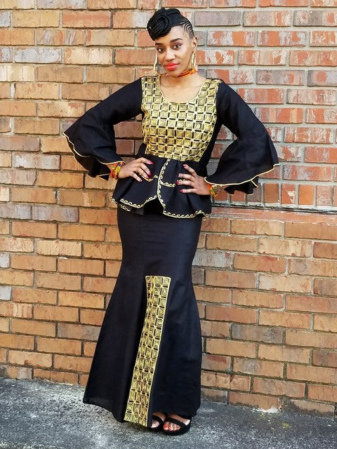 Black Panther African Top and Skirt with Gold Embroidery-DP3939T、mySite、solidvoid