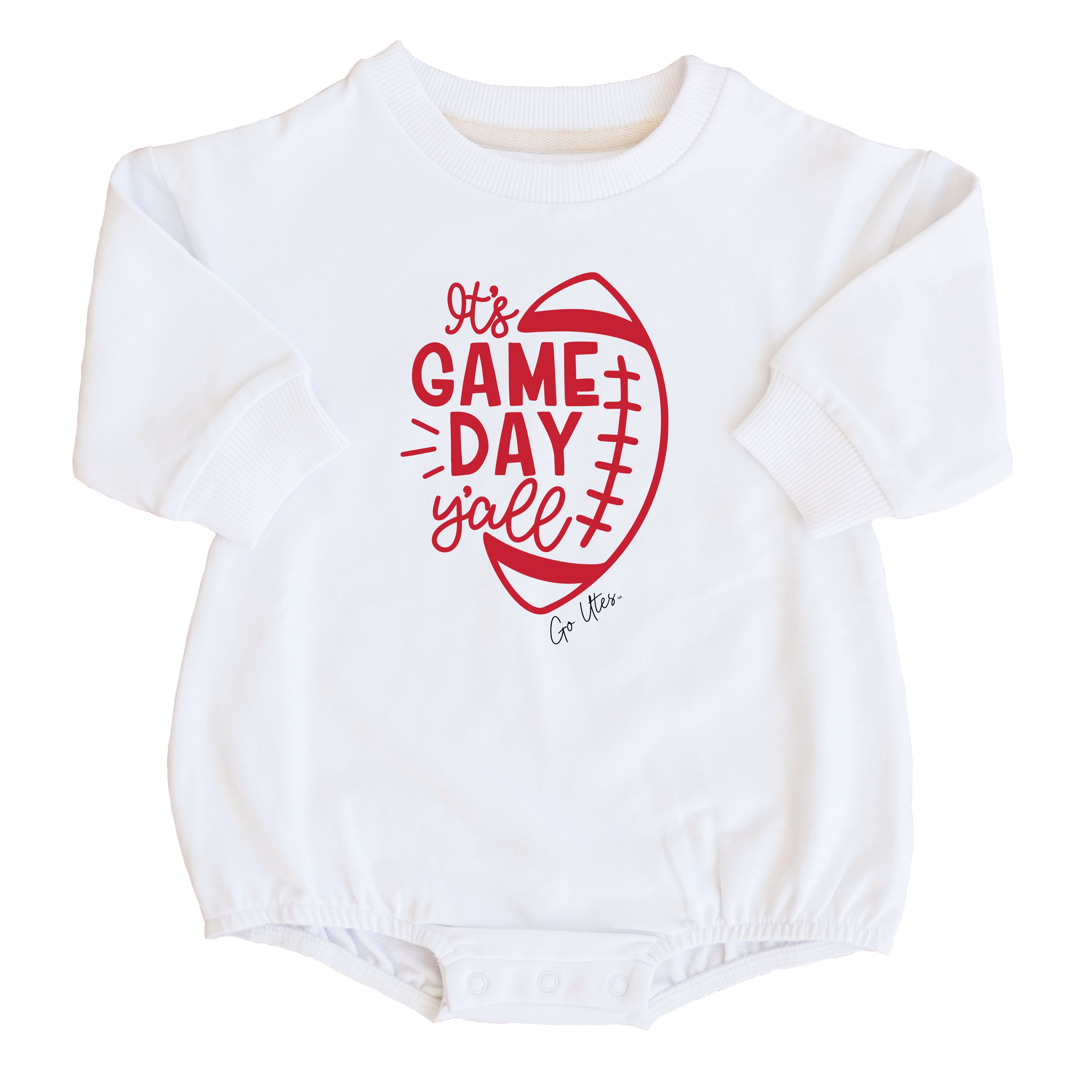  University of Utah | Footballs & Bows Graphic Sweatshirt Bubble Romper、mySite、layawaytickets