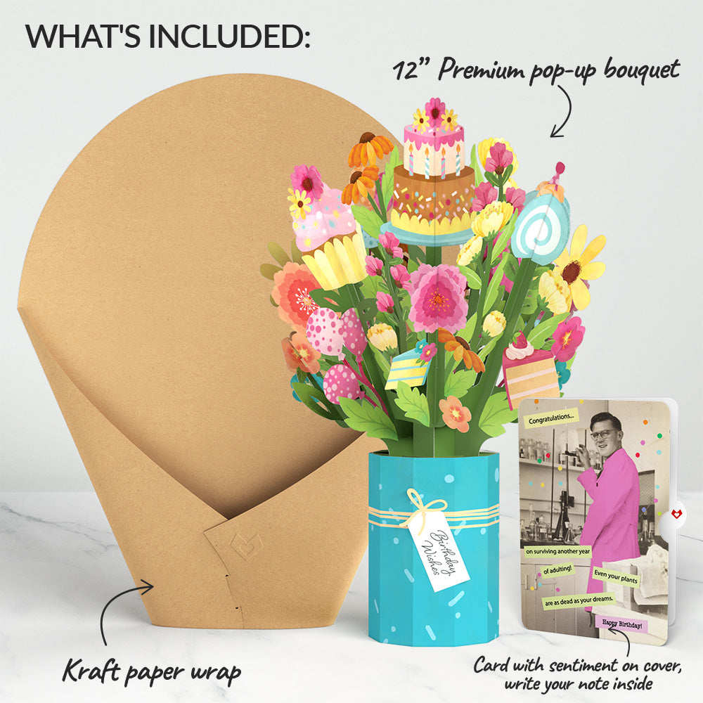 Sweet Birthday Wishes Bouquet and Survive Another Year of Adulting Congratulations Sentiment Set、mySite、solidvoid