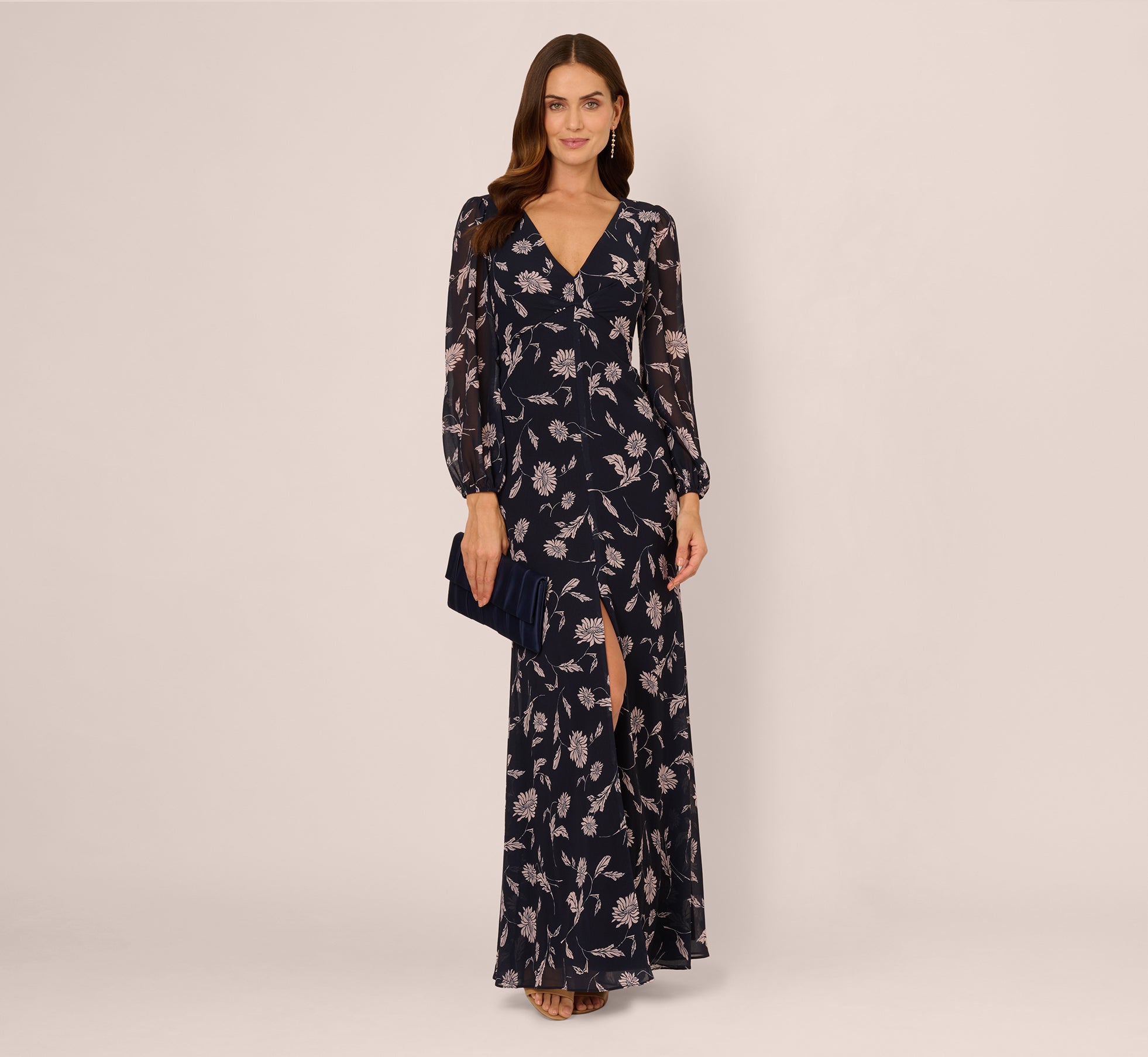 Long Sleeve Floral Chiffon Maxi Dress In Navy Blush、mySite、solidvoid