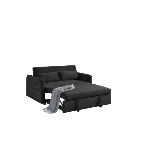 55" Modern Convertible Sofa Bed with 2 Detachable Arm Pockets, Velvet Loveseat Sofa with Pull Out Bed, 2 Pillows and Living Room Adjustable Backrest, Grid Design Armrests、、casual