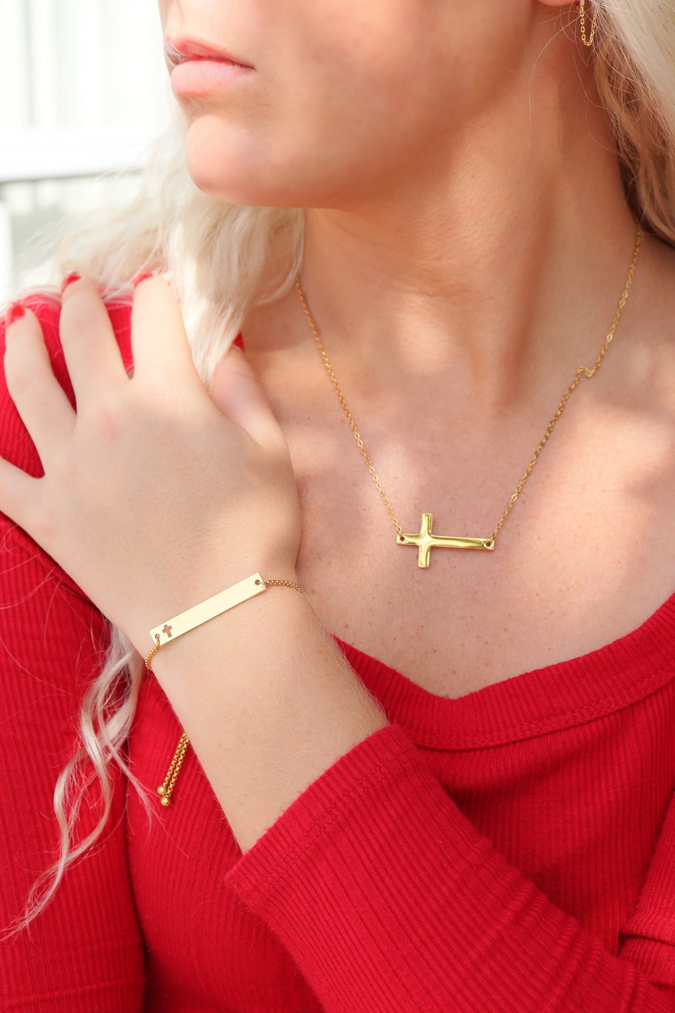 18K Gold PVD Stainless Steel Flat Adjustable Cross Cutout Blank Bar Bracelet / SBB0191、mySite、dreamappss