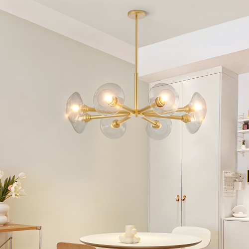 26" Modern Gold 5-Light Sputnik Chandelier with Clear Glass Shades, Mid-Century Hanging Pendant Light Fixture for Dining Room, Living Room, or Kitchen (Bulb Not Included)、、eastwooduniform