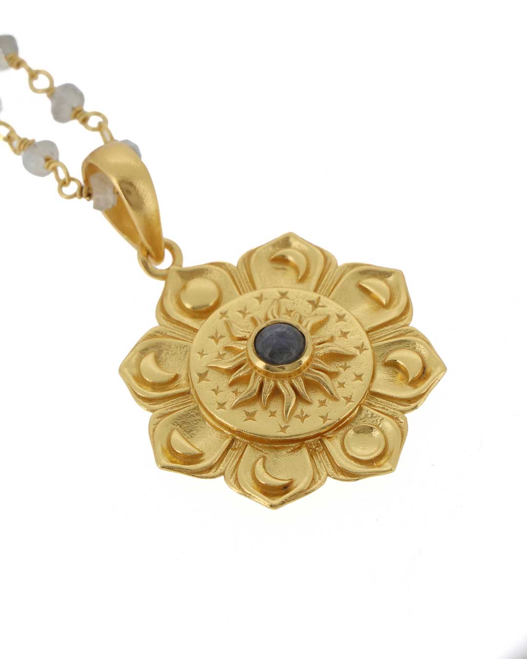 Gold-Plated Lotus Mandala Necklace with Moon Phases and Labradorite Gemstone – Celestial Design with Symbolic Sun, Stars & Lunar Petals、mySite、topwebapps