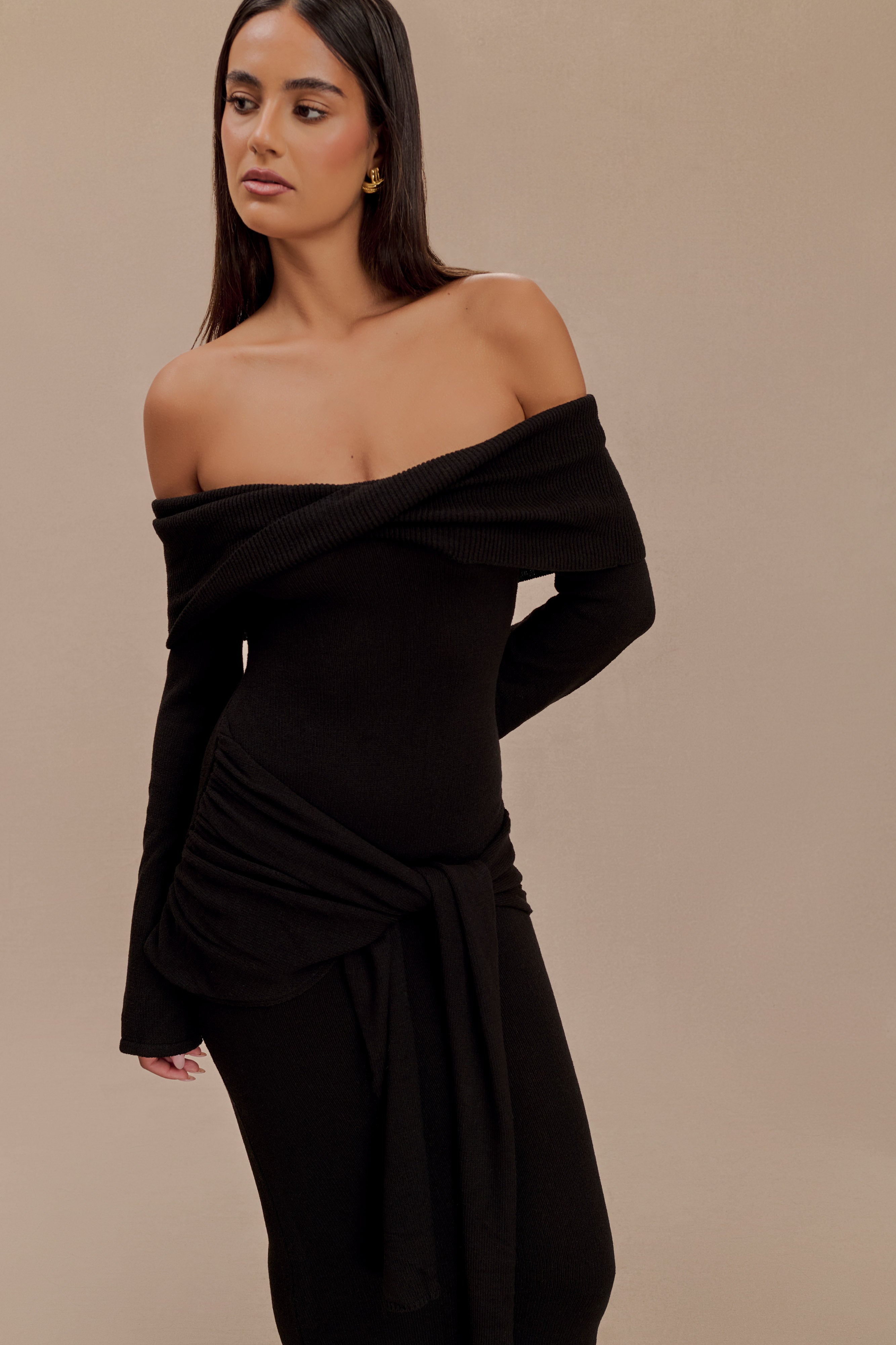 Cameron Off Shoulder Tie Maxi Dress - Black、mySite、solidvoid