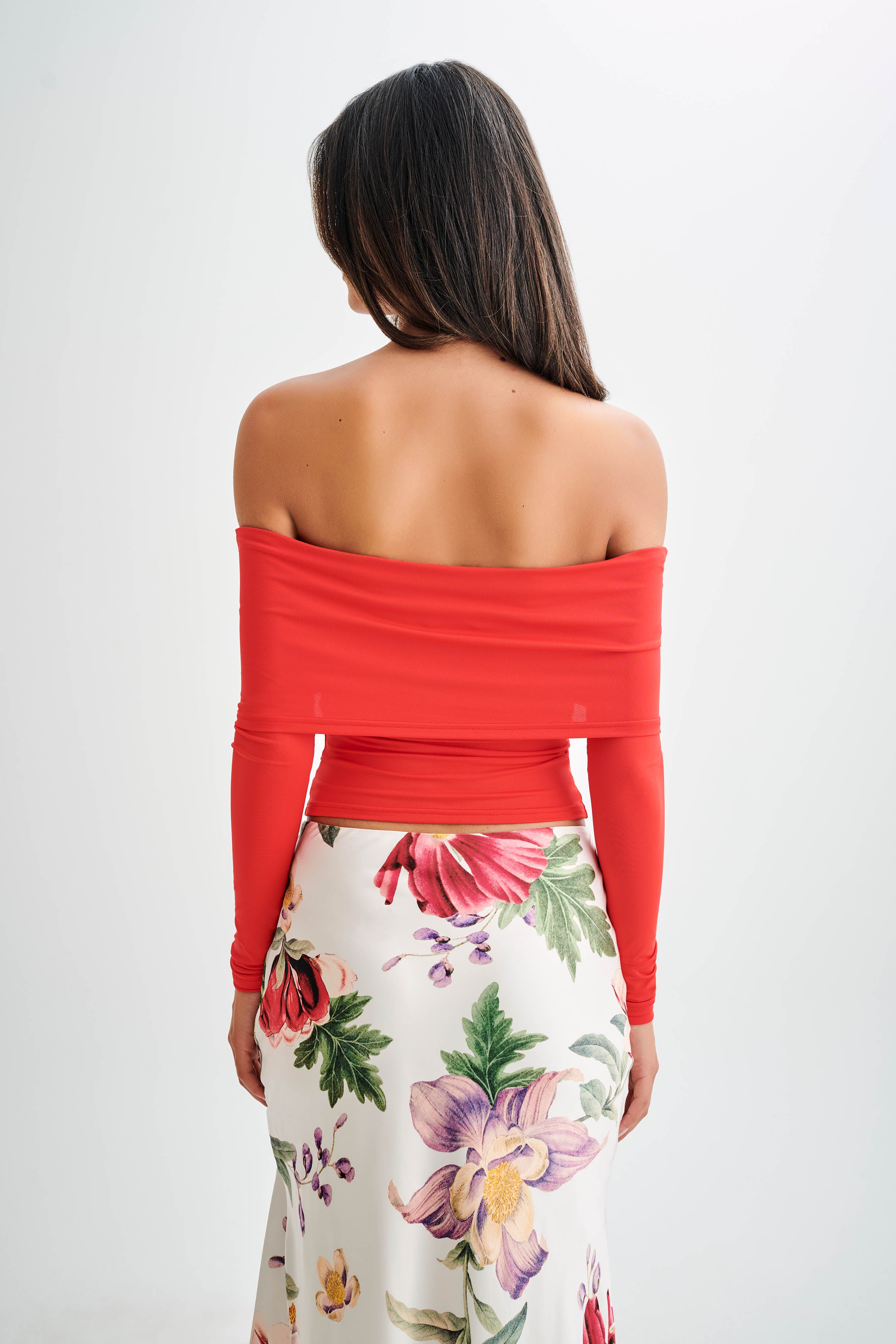 Prue Ruched Off Shoulder Long Sleeve Top - Pomegranate、mySite、solidvoid