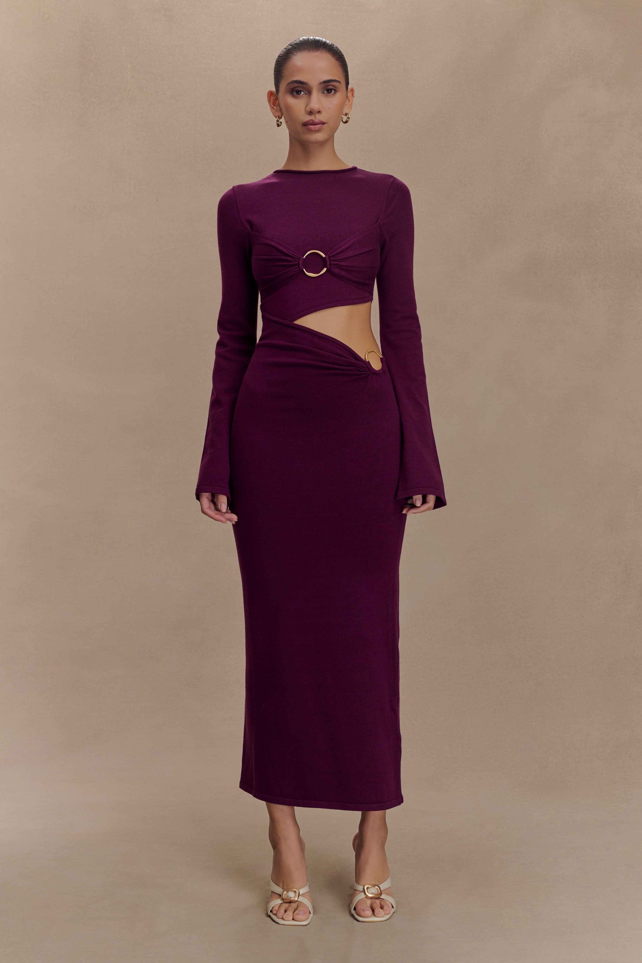 Azariah Long Sleeve Knit Midi Dress - Plum、mySite、solidvoid