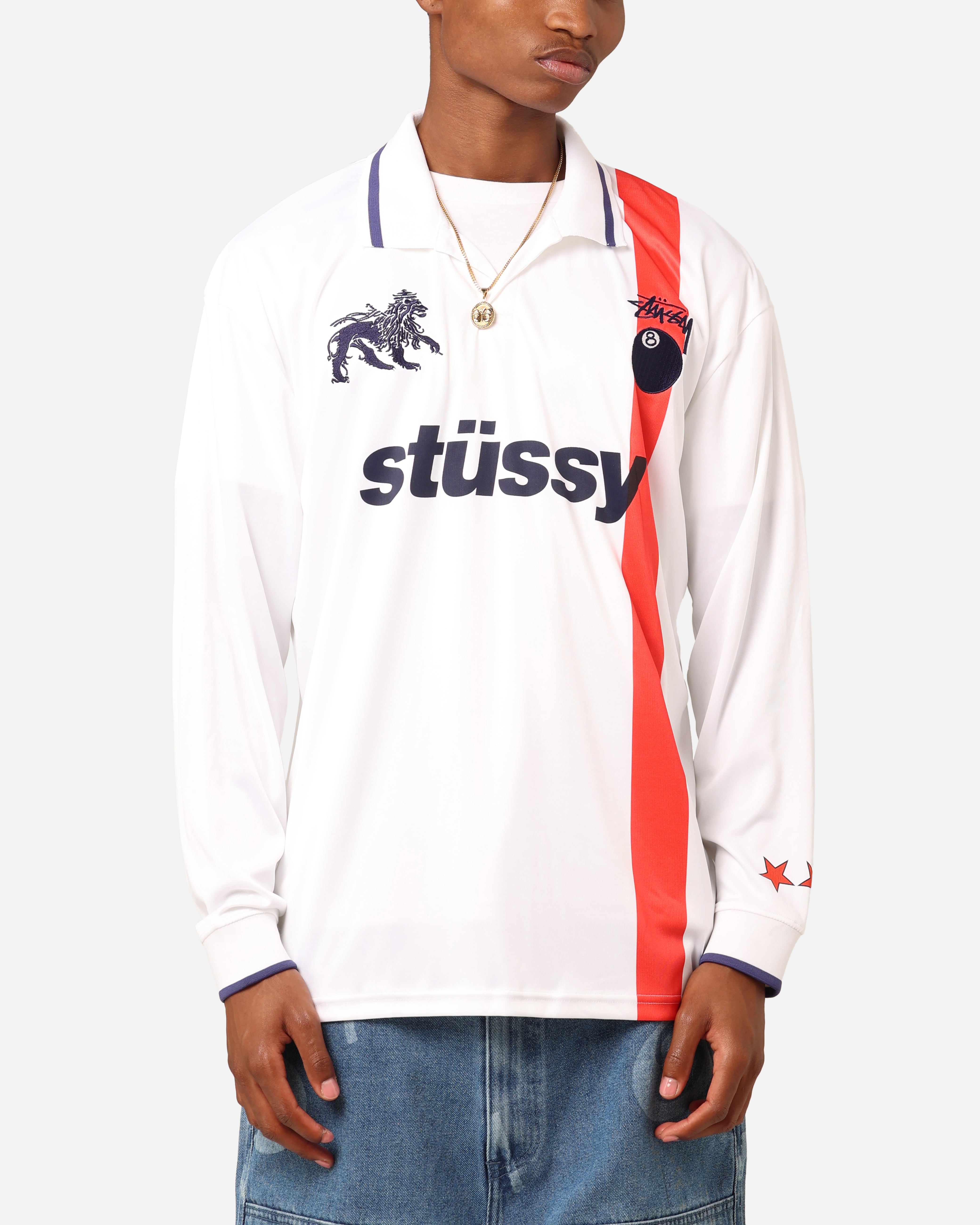 Stüssy Football Polo Long Sleeve T-Shirt White/Red Stripe、mySite、zt4zffjzw