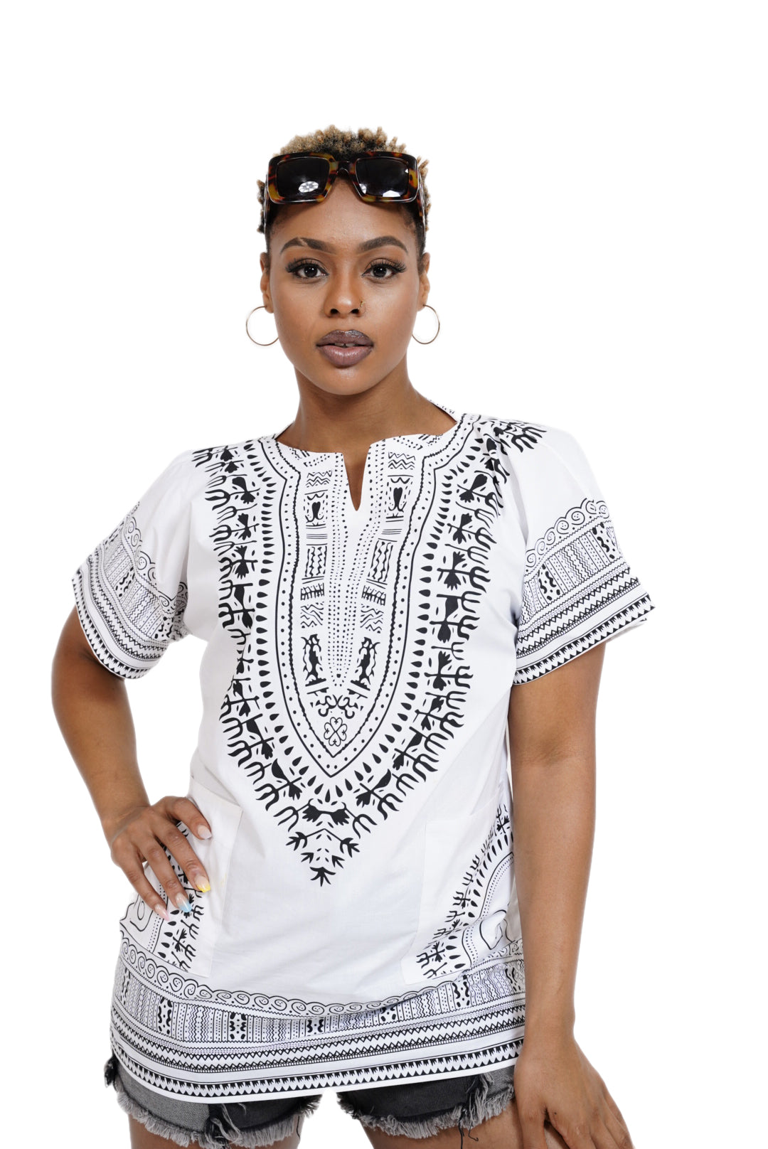 Dupsie's White African Print Unisex Dashiki Shirt Suitable for Festivals, Concerts, Cruises, Outdoor Events -DP3830M、mySite、solidvoid
