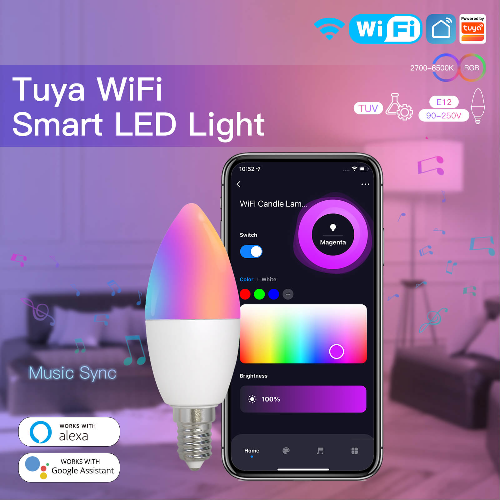MOES WiFi Smart E14 6W/ E12 5W Candle LED Light Candelabra Bulb RGBCCT 2700-6500K Alexa Google Voice Control、mySite、fannypackpong