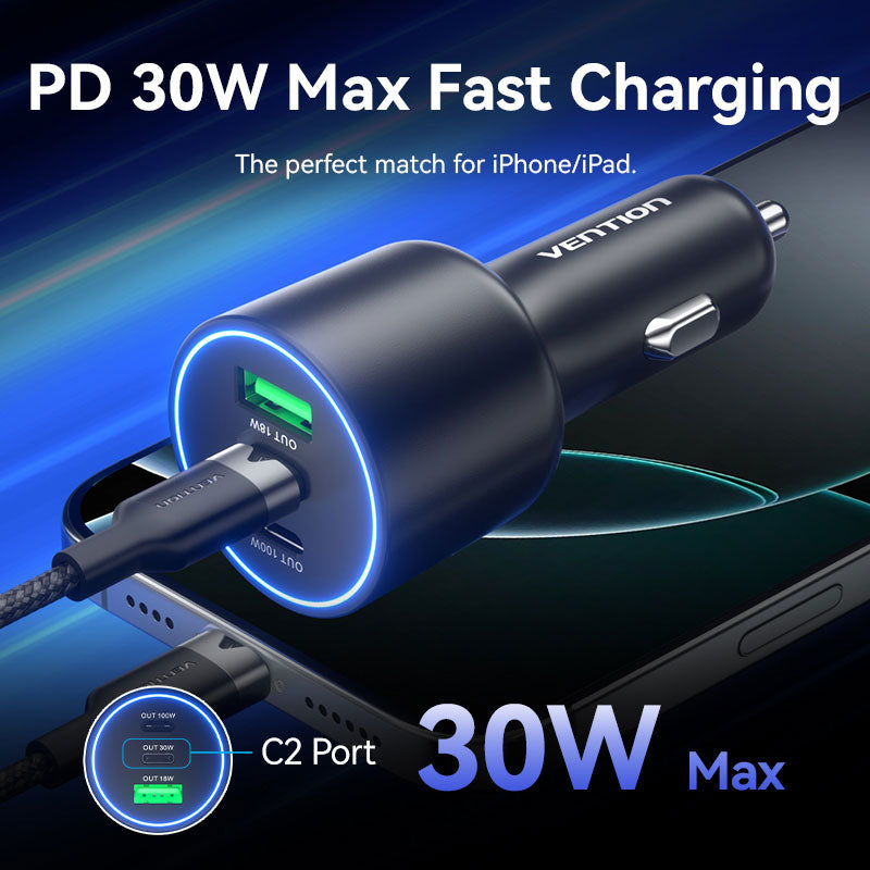 Vention Three-Port USB C+C+A (100W+30W+18W) Car Charger Black ABS Type、mySite、fannypackpong