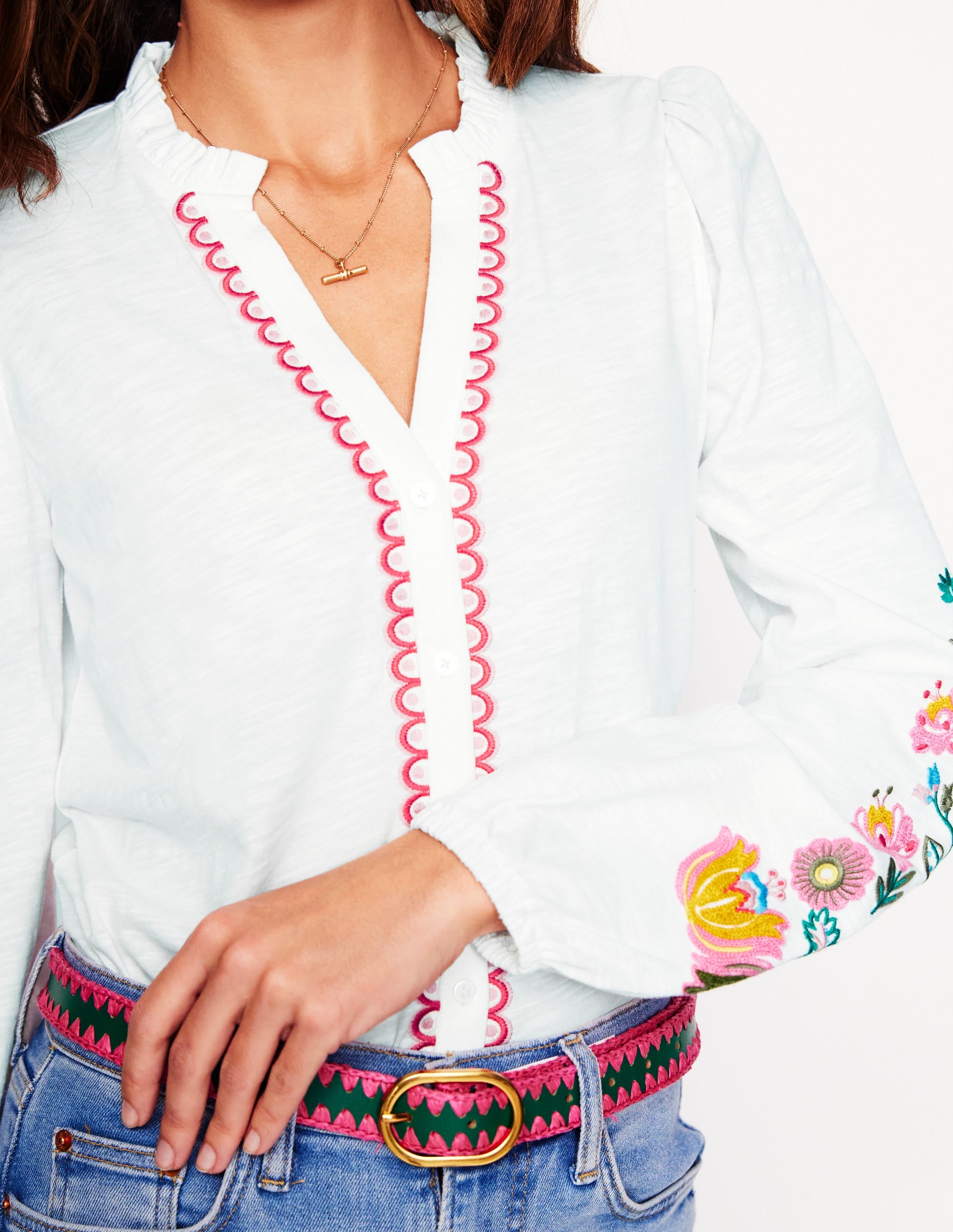  Embroidered Frill Neck Blouse-White, Multi Floral Embroidery、mySite、ashleygrahame