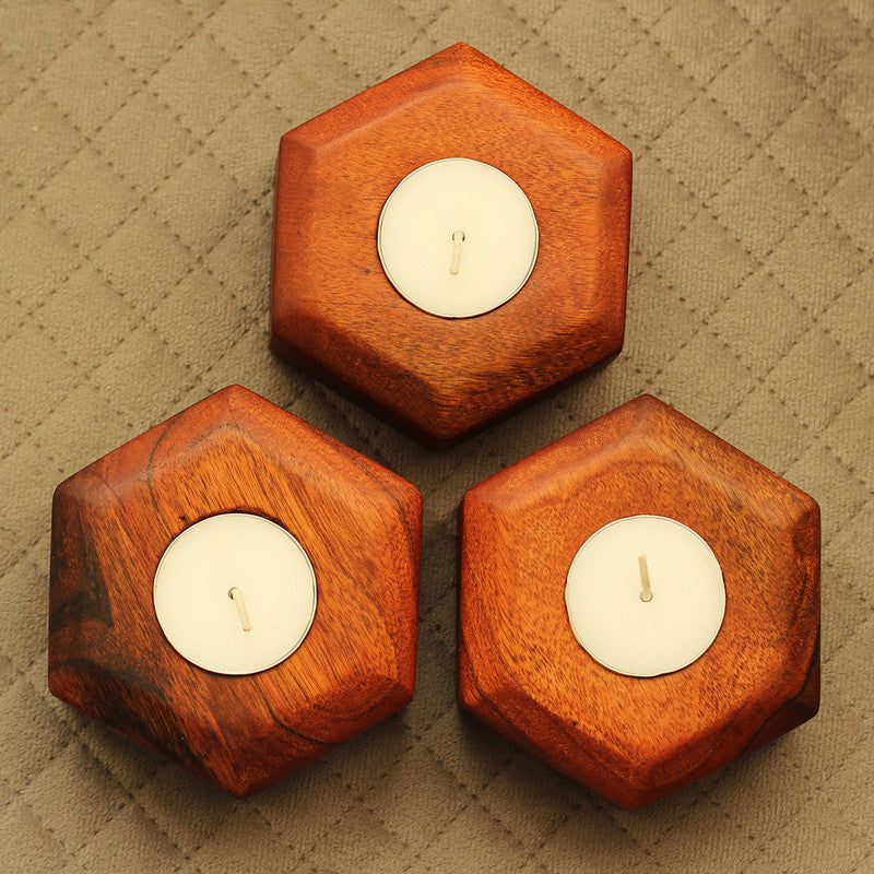 Acacia Wood Tea Light Candle Holders | Brown | Set of 3、mySite、camillekostekn
