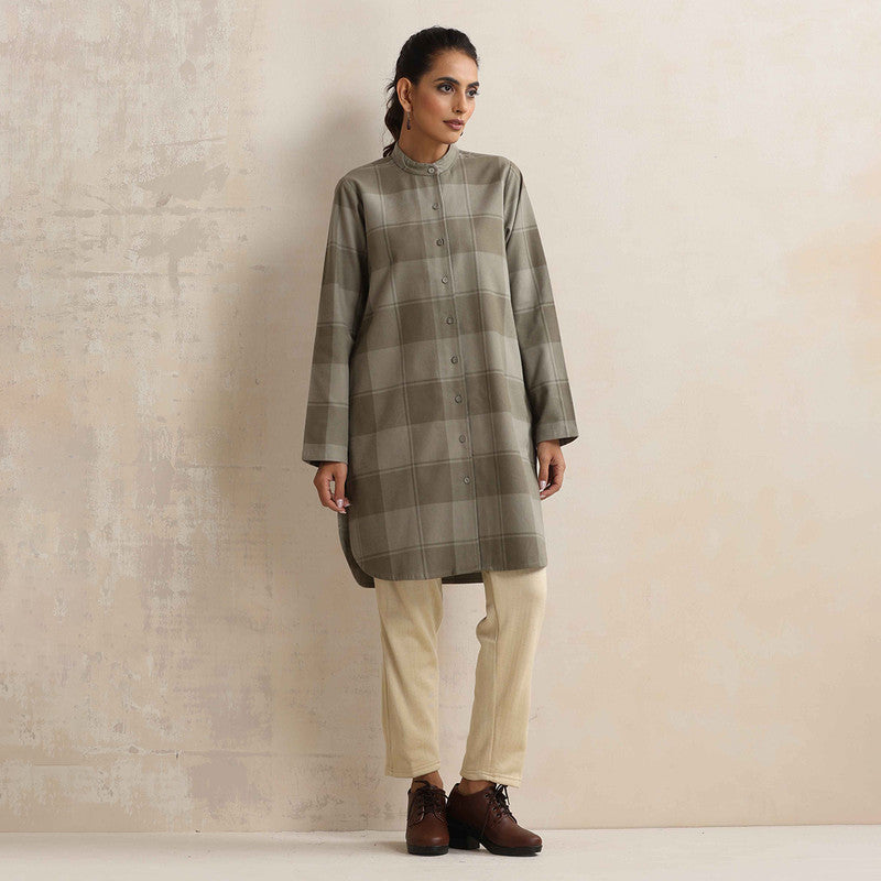 Cotton Short Kurta For Women | Mandarin Collar | Checkered Print | Green、mySite、camillekostekn