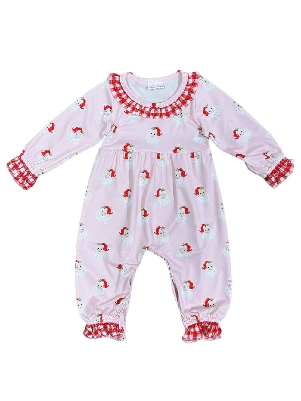 Christmas Santa Claus Pink Ruffle Trim Girls Baby Romper、mySite、camillekostekn