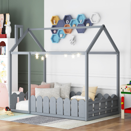 {Slats are not included}Twin Size Wood Bed House Bed Frame with Fence,for Kids,Teens, Girls,Boys {White}{OLD SKU:WF194274AAK}、、casual
