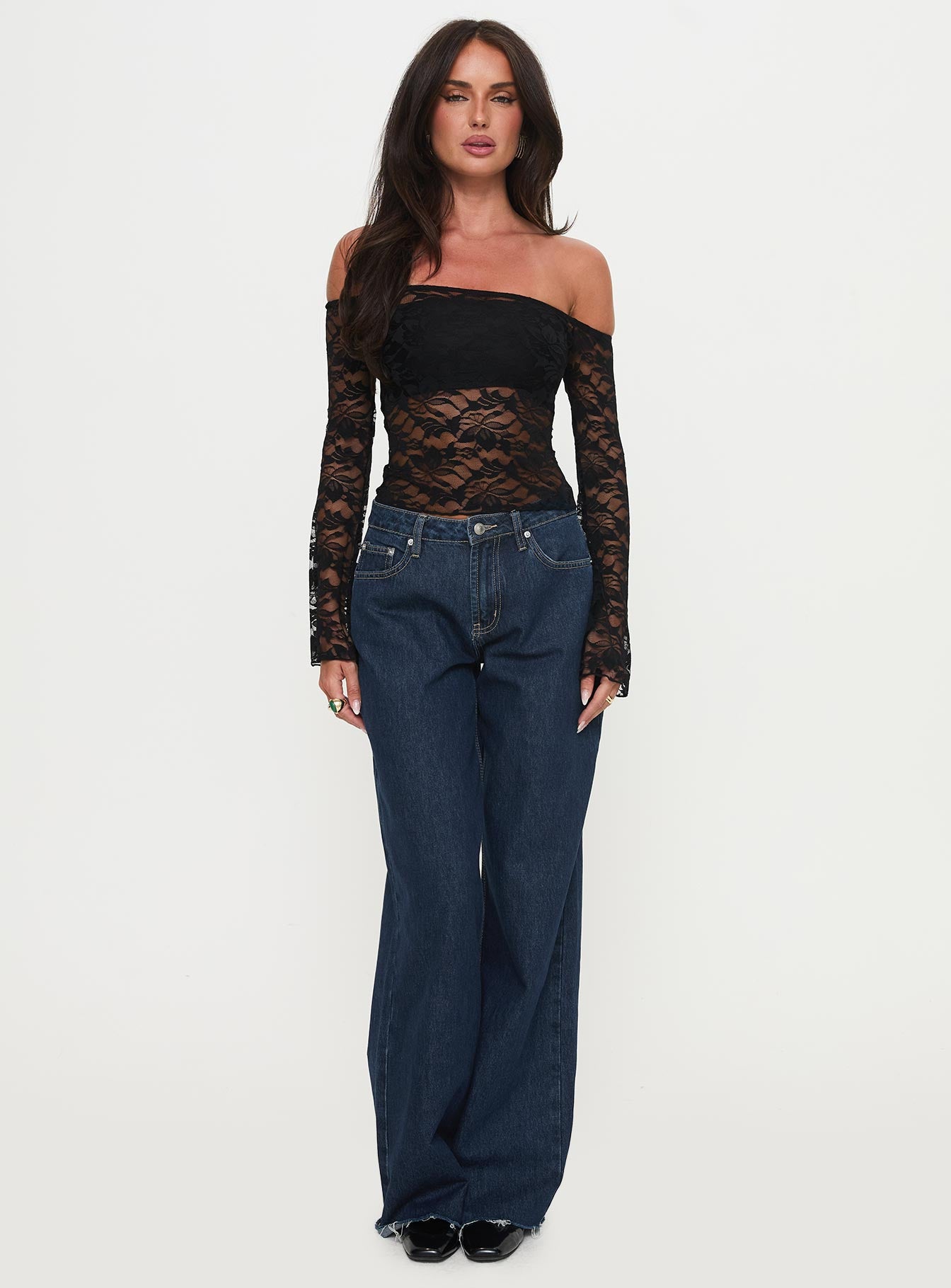 Good Judgement Off Shoulder Lace Long Sleeve Top Black、mySite、solidvoid