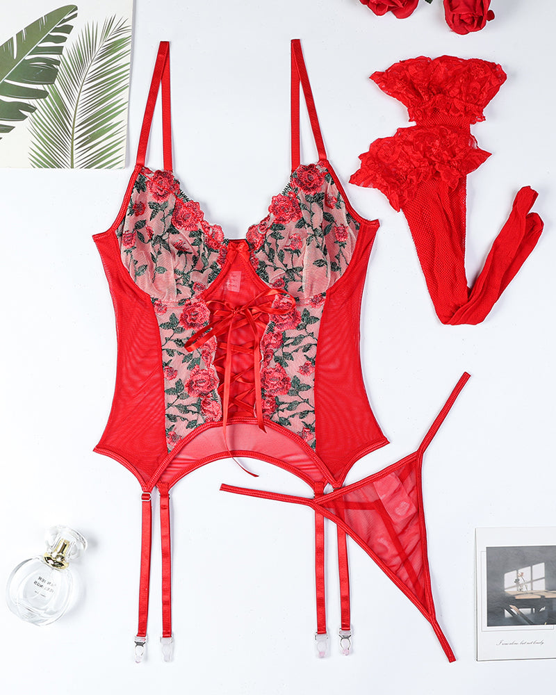 Flower Embroidered Cross Straps Bra Set、mySite、bengalsvssteelers