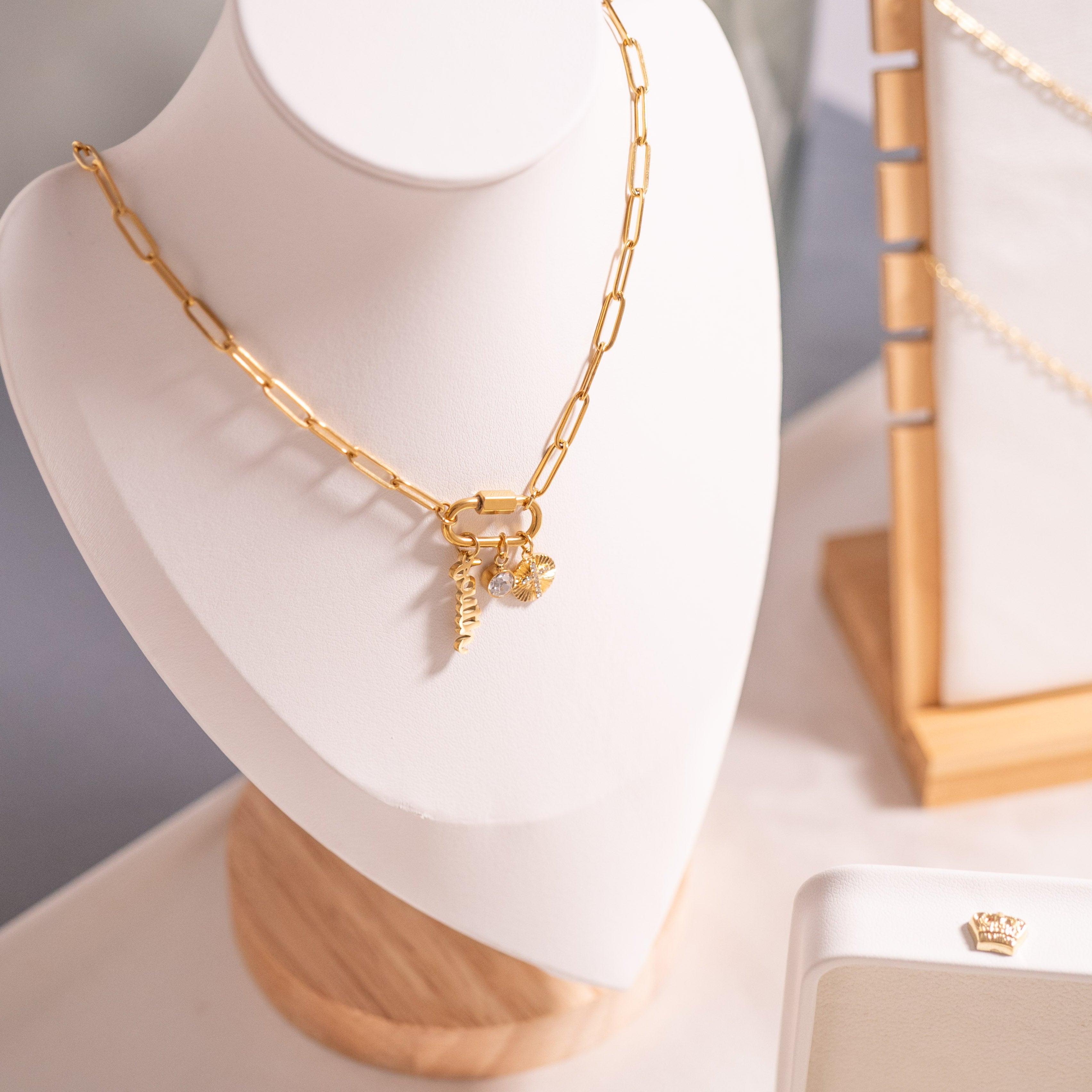 18K Gold PVD Stainless Steel Carabiner Faith Charm Paperclip Necklace / CHN0049、mySite、dreamappss