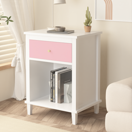 26.77''H Wooden Nightstand with One Drawer One Shelf for Kids, Adults, White+Golden handle、、casual