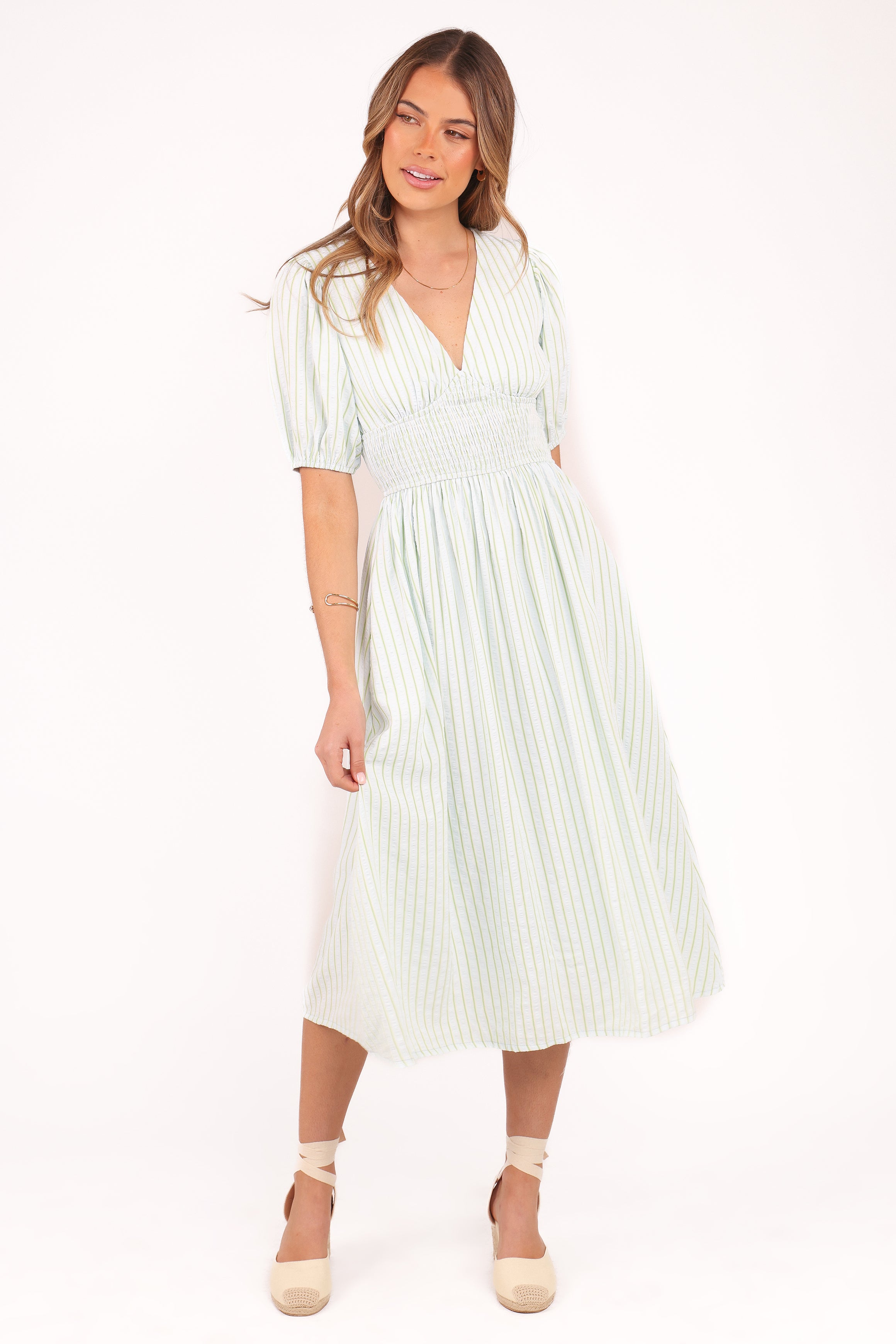  Ronnie Short Sleeve Midi Dress - Green Blue Stripe、mySite、sugarbowlscore