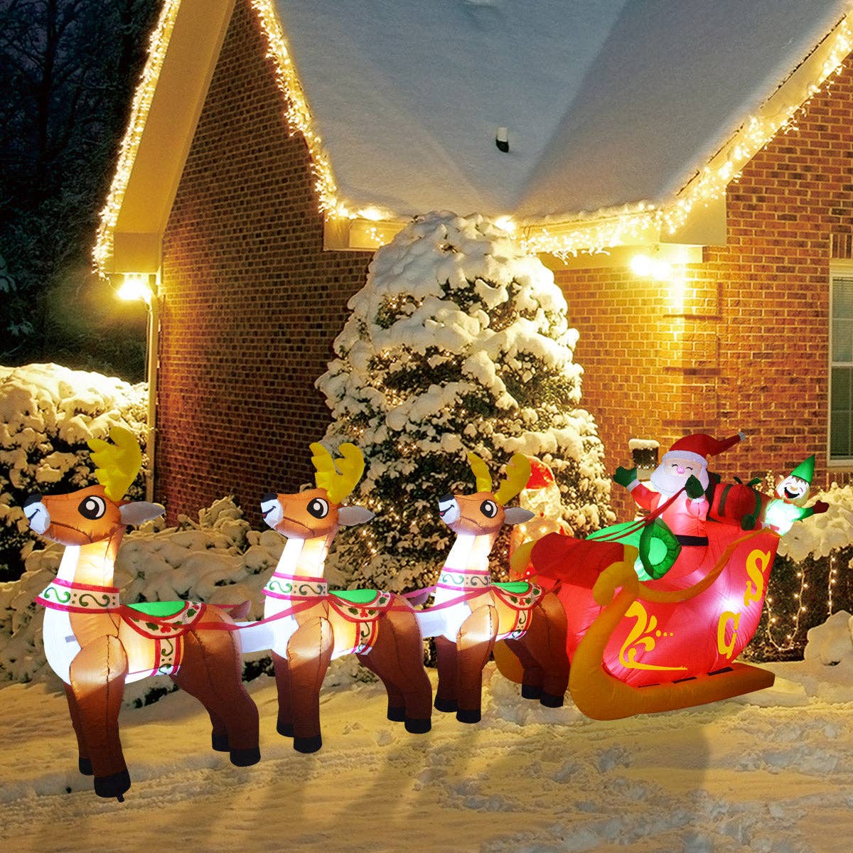 Santa Reindeer Sleigh 12 ft Christmas Inflatable Outdoor/Indoor Decoration with Built-in LED Lights、mySite、g9winljtr