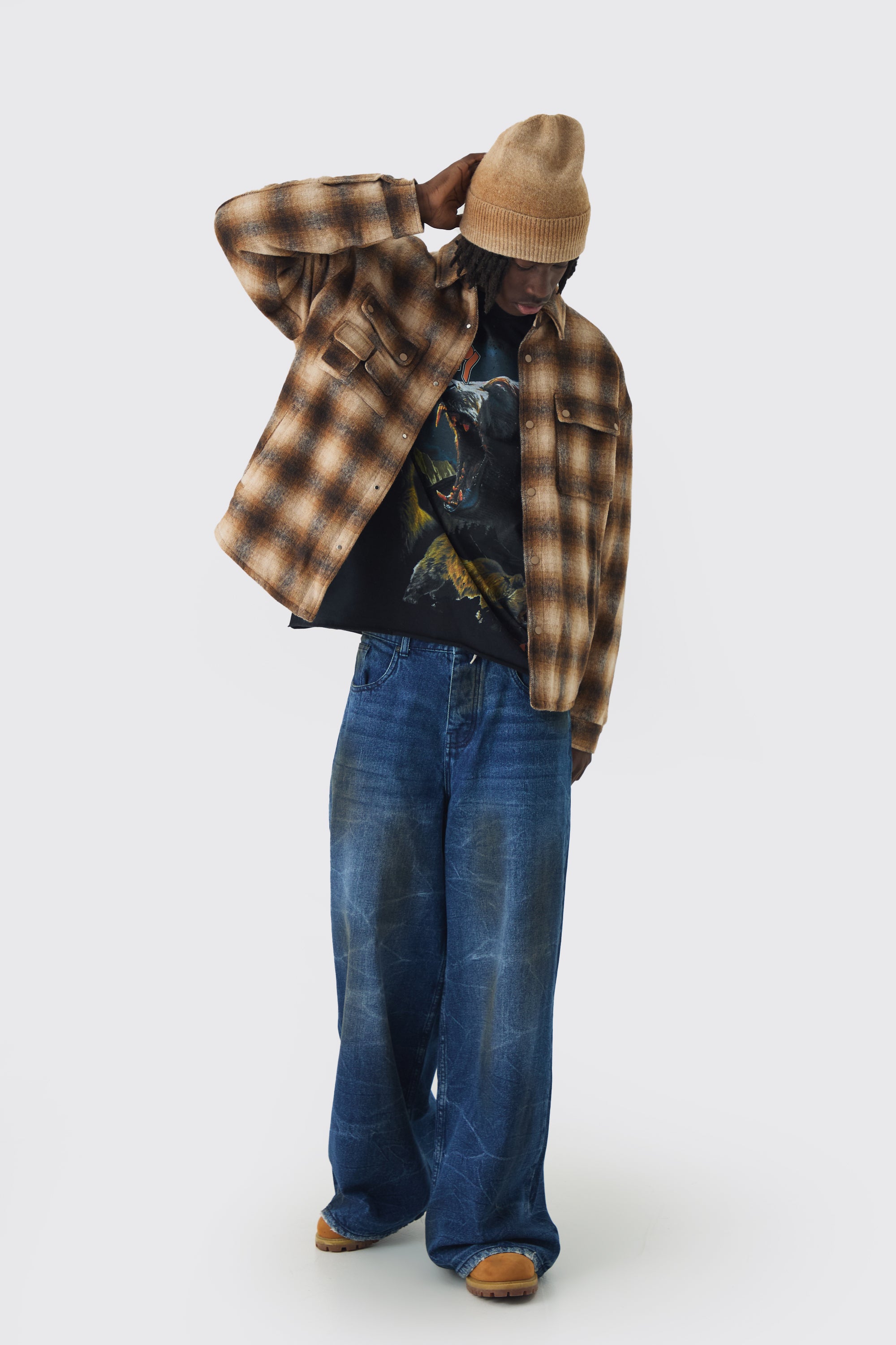  Boohooman Oversized Padded Check Cargopocket Overshirt Brown、mySite、justintrudeaud