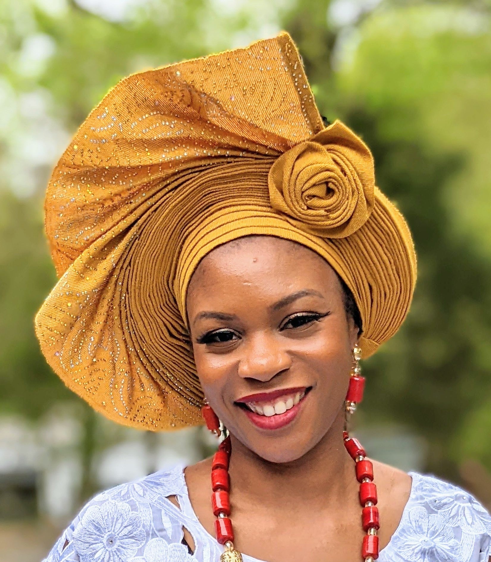 Gold Shayo African Pre-tied Aso Oke Ready Autogele broach style Head wrap hat with Rhinestones-DPAGR545、mySite、solidvoid