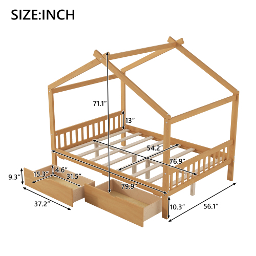 Twin Size House Platform Bed with Headboard and Footboard,Roof Design,Natural、、casual