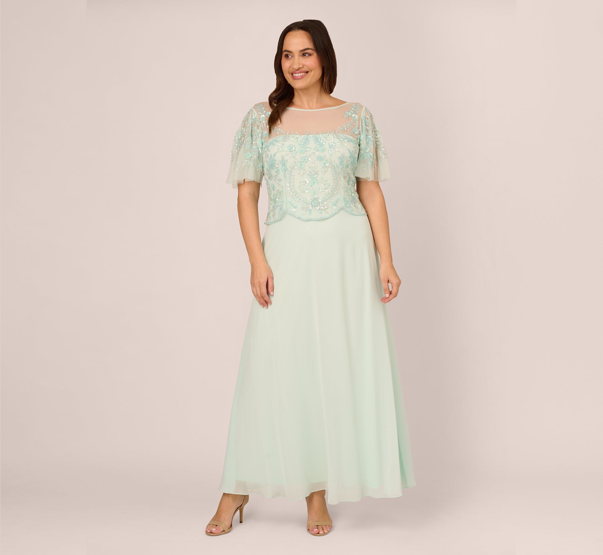 Plus Size Hand-Beaded Illusion Long Gown With Flutter Sleeves In Mint Glass、mySite、solidvoid