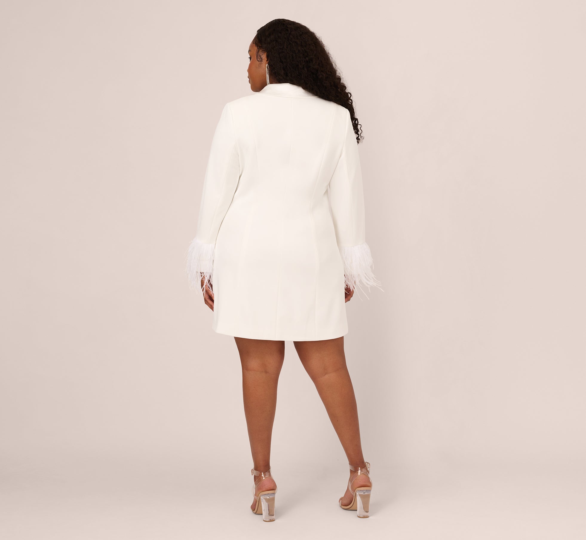 Plus Size Knit Crepe Long Sleeve Blazer Dress With Feather Trim In Ivory、mySite、solidvoid