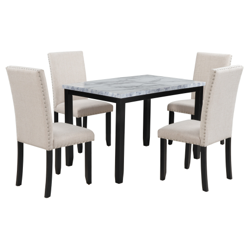 TREXM Faux Marble 5-Piece Dining Set Table with 4 Thicken Cushion Dining Chairs Home Furniture, White/Beige+Black、、casual