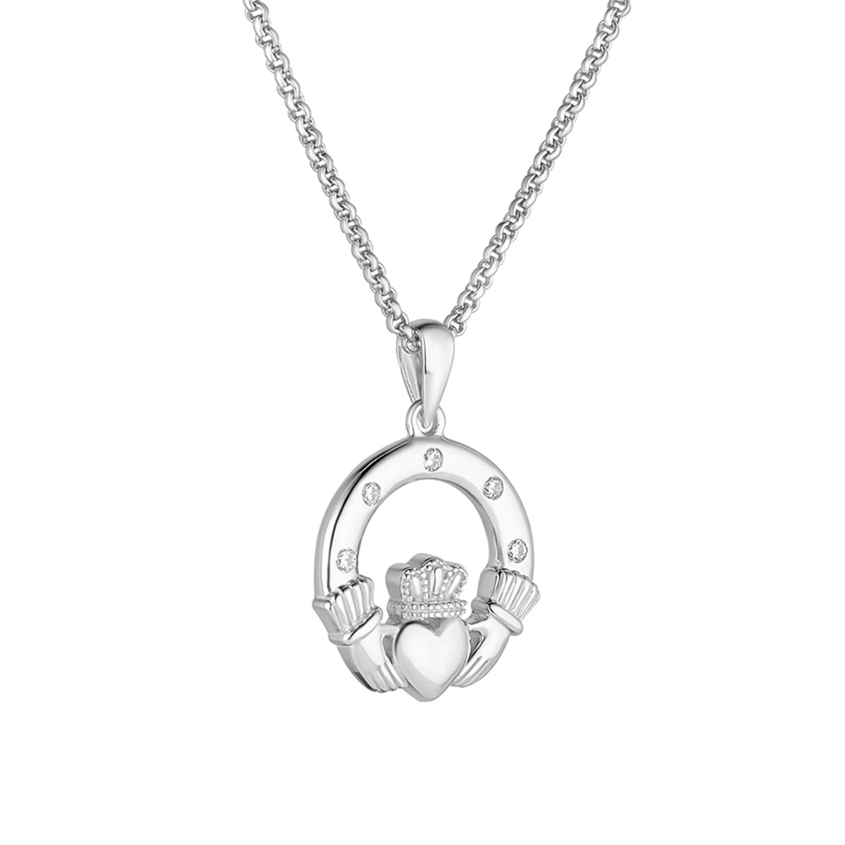  Sterling Silver Flush Set Cz Claddagh Necklace